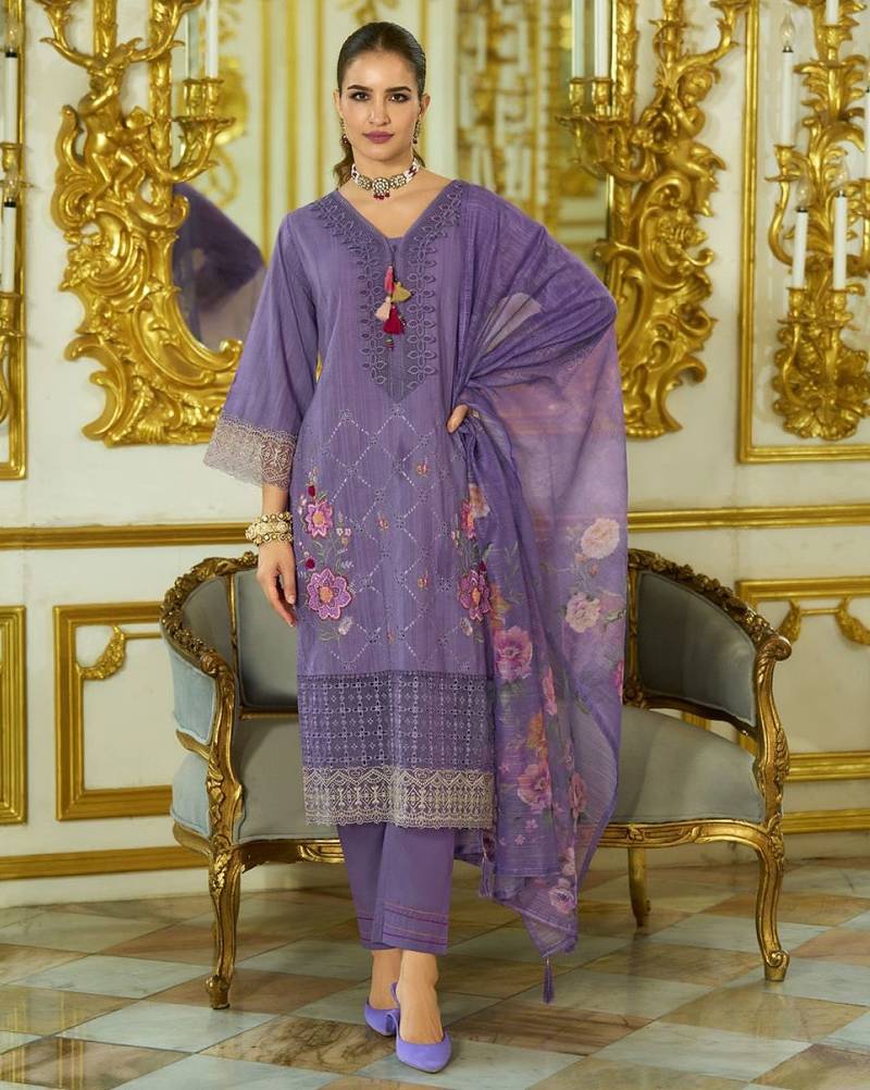 Nazrana Floral Thread Embroidered Schiffli Orangza Lace Kurta Trouser & Dupatta