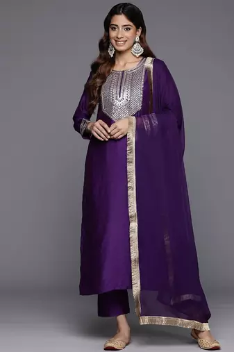 Embroidered Sequinned Chanderi Silk Kurta with Trousers & Dupatta