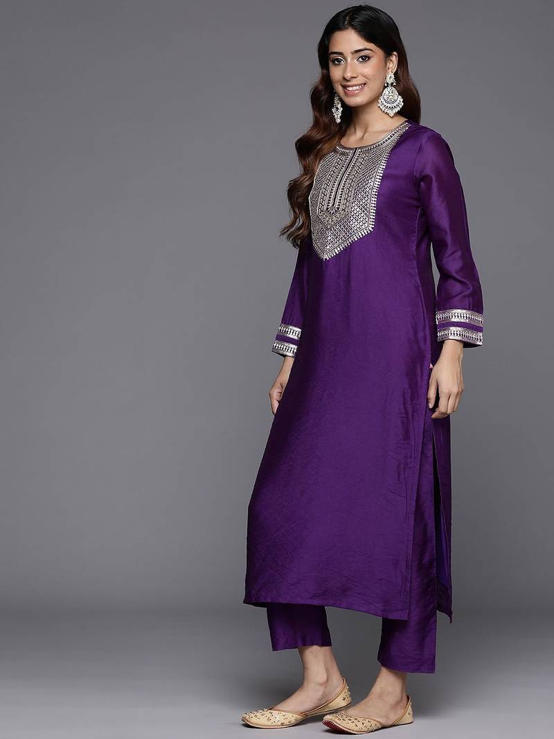 Embroidered Sequinned Chanderi Silk Kurta with Trousers & Dupatta