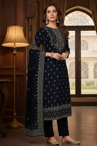 Women Ethnic Motifs Embroidered Thread Work Velvet Kurta Trousers & With Dupatta