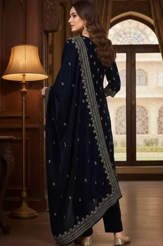 Women Ethnic Motifs Embroidered Thread Work Velvet Kurta Trousers & With Dupatta