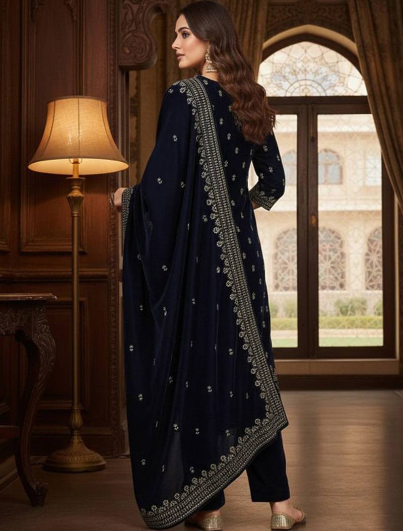 Women Ethnic Motifs Embroidered Thread Work Velvet Kurta Trousers & With Dupatta