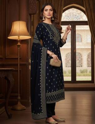 Women Ethnic Motifs Embroidered Thread Work Velvet Kurta Trousers & With Dupatta 5