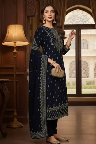 Women Ethnic Motifs Embroidered Thread Work Velvet Kurta Trousers & With Dupatta