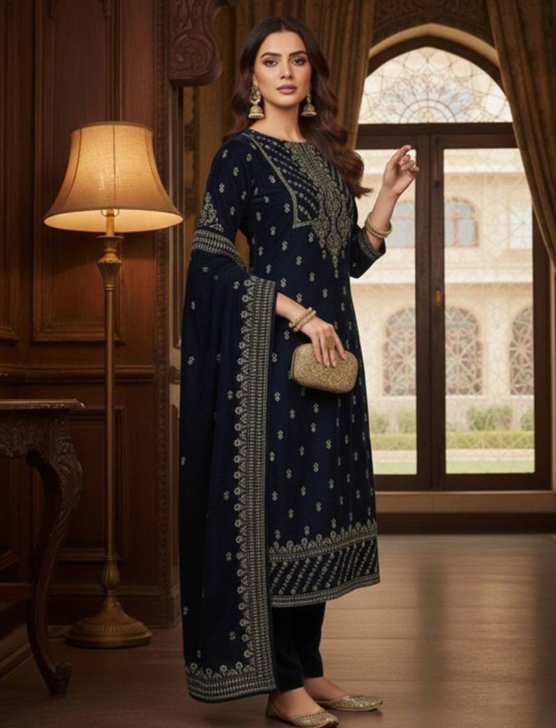 Women Ethnic Motifs Embroidered Thread Work Velvet Kurta Trousers & With Dupatta