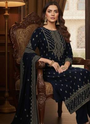 Women Ethnic Motifs Embroidered Thread Work Velvet Kurta Trousers & With Dupatta 7