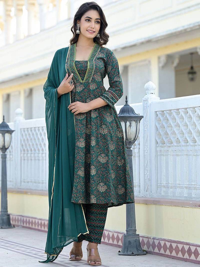 Women Ethnic Motifs Printed Gotta Patti Cotton Kurta with Trousers & Dupatta
