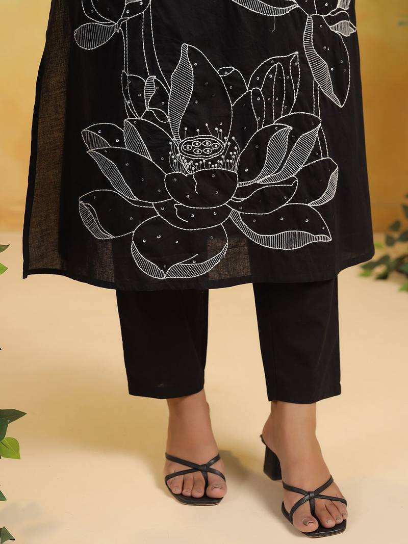 Women Floral Embroidered Regular Sequinned Pure Cotton Kurta with Trousers