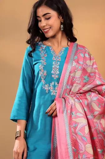 Turquoise Blue Floral Yoke Design Thread Work Kurta With Trouser & Dupatta