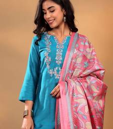 Turquoise Blue Floral Yoke Design Thread Work Kurta With Trouser & Dupatta