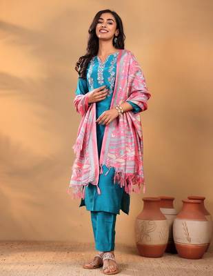 Turquoise Blue Floral Yoke Design Thread Work Kurta With Trouser & Dupatta 1