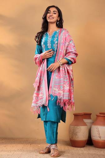 Turquoise Blue Floral Yoke Design Thread Work Kurta With Trouser & Dupatta