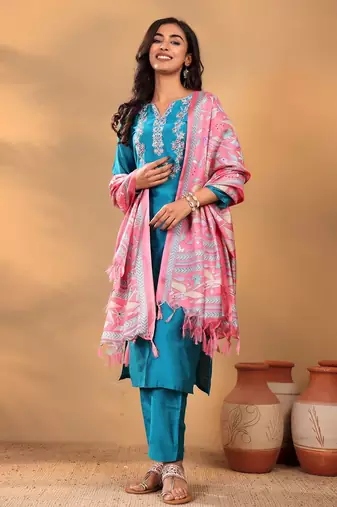 Turquoise Blue Floral Yoke Design Thread Work Kurta With Trouser & Dupatta