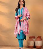 Turquoise Blue Floral Yoke Design Thread Work Kurta With Trouser & Dupatta