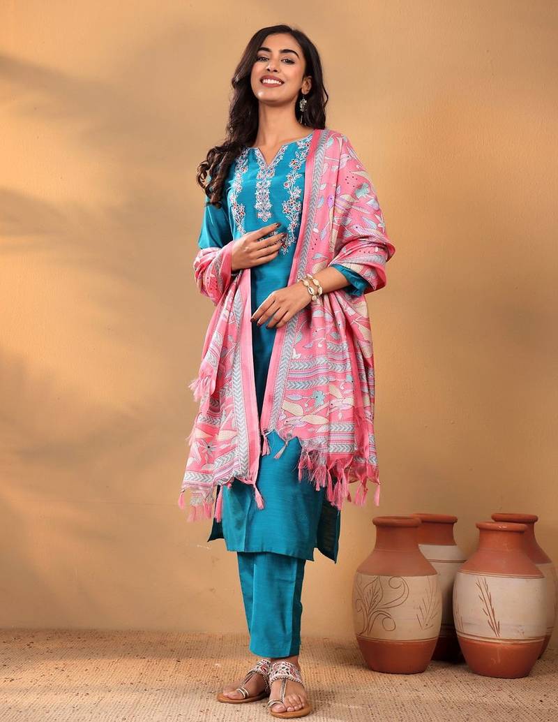Turquoise Blue Floral Yoke Design Thread Work Kurta With Trouser & Dupatta
