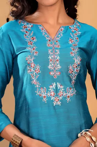 Turquoise Blue Floral Yoke Design Thread Work Kurta With Trouser & Dupatta