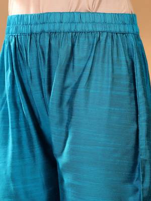 Turquoise Blue Floral Yoke Design Thread Work Kurta With Trouser & Dupatta 4