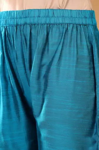 Turquoise Blue Floral Yoke Design Thread Work Kurta With Trouser & Dupatta