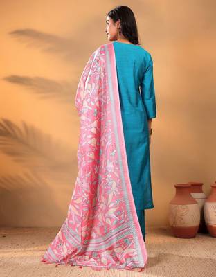 Turquoise Blue Floral Yoke Design Thread Work Kurta With Trouser & Dupatta 6