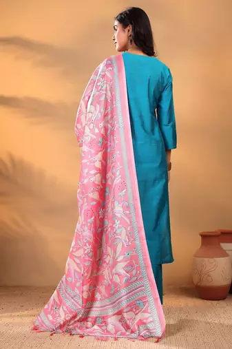 Turquoise Blue Floral Yoke Design Thread Work Kurta With Trouser & Dupatta