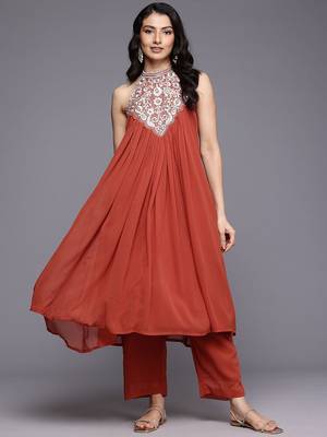Floral Yoke Design Thread Work Pleated Silk Georgette A-Line Kurta with Trousers 1