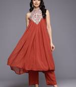 Floral Yoke Design Thread Work Pleated Silk Georgette A-Line Kurta with Trousers