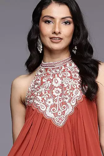 Floral Yoke Design Thread Work Pleated Silk Georgette A-Line Kurta with Trousers