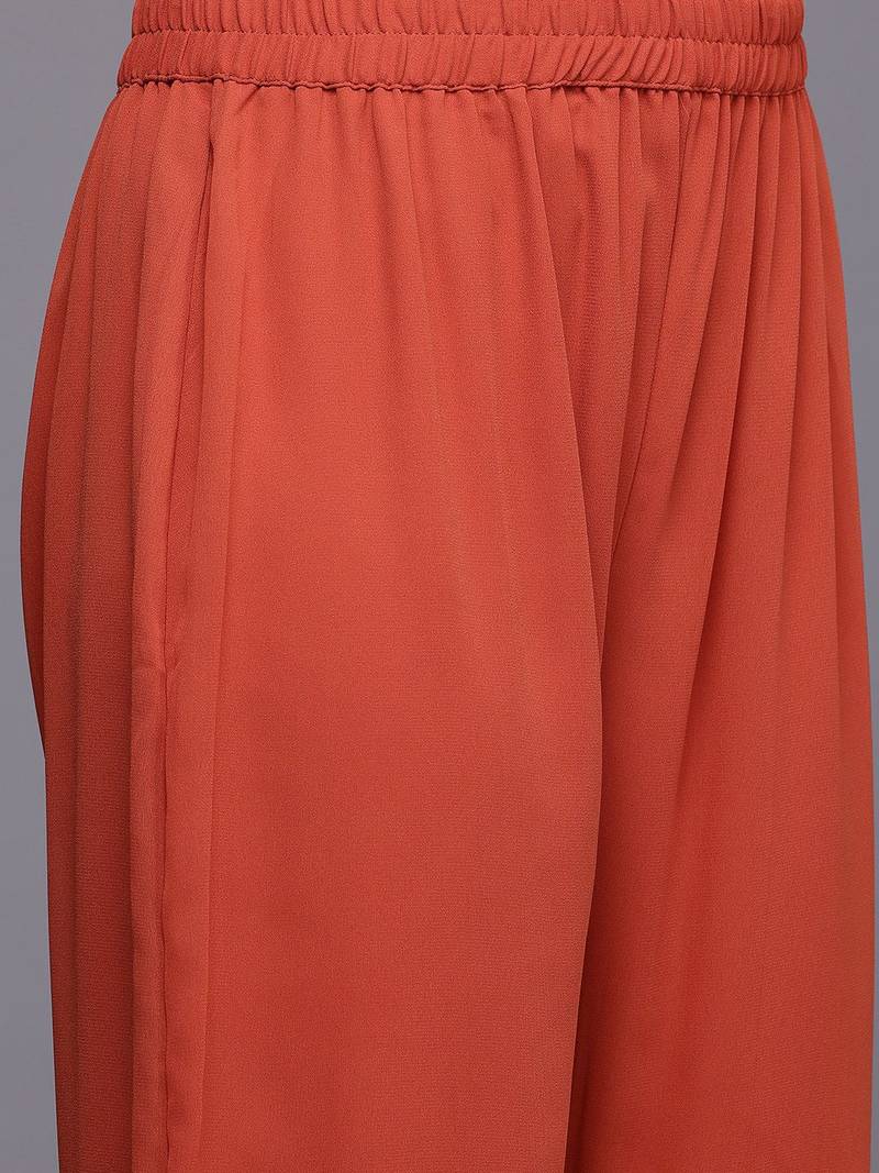 Floral Yoke Design Thread Work Pleated Silk Georgette A-Line Kurta with Trousers