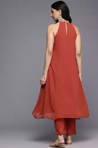 Floral Yoke Design Thread Work Pleated Silk Georgette A-Line Kurta with Trousers