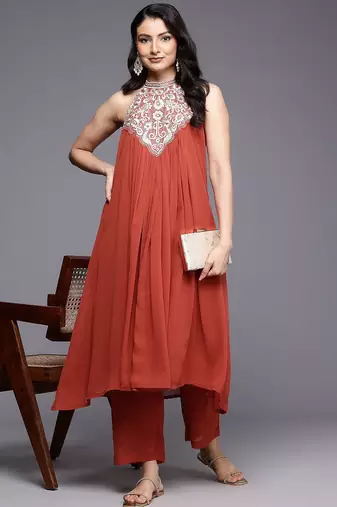 Floral Yoke Design Thread Work Pleated Silk Georgette A-Line Kurta with Trousers