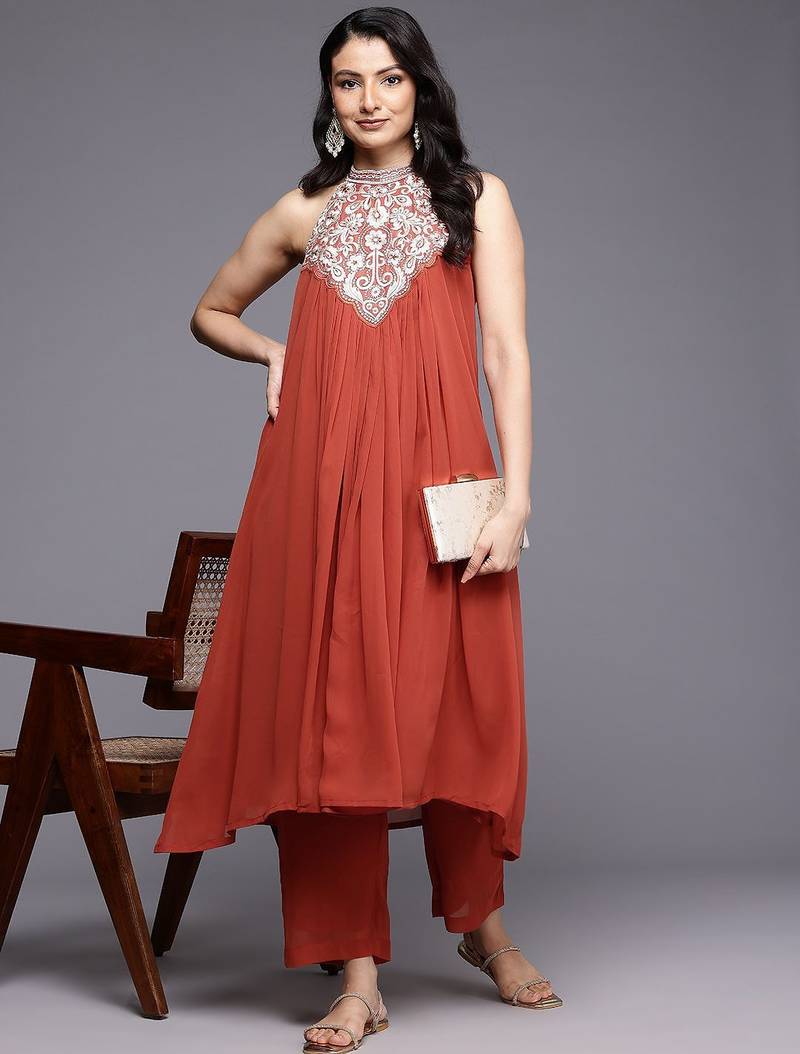 Floral Yoke Design Thread Work Pleated Silk Georgette A-Line Kurta with Trousers