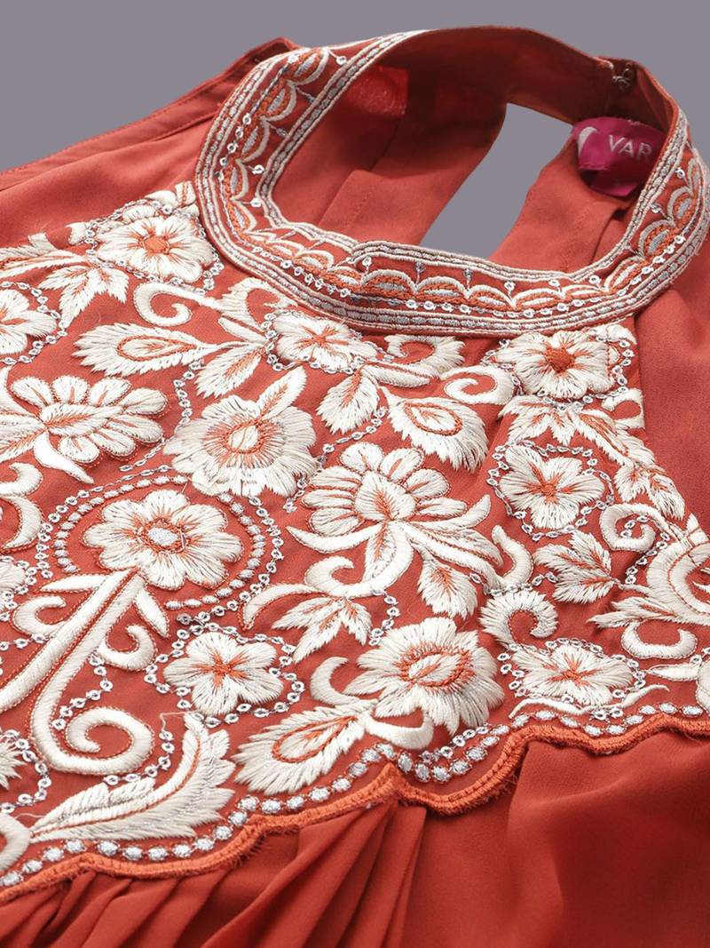 Floral Yoke Design Thread Work Pleated Silk Georgette A-Line Kurta with Trousers