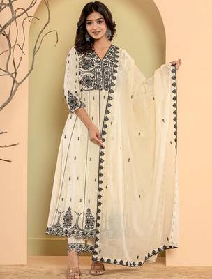 Ethnic Motifs Embroidered Pure Cotton Anarkali Kurta & Trousers With Dupatta 1