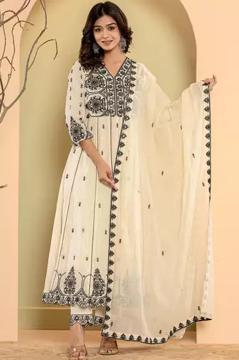 Ethnic Motifs Embroidered Pure Cotton Anarkali Kurta & Trousers With Dupatta