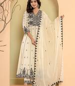 Ethnic Motifs Embroidered Pure Cotton Anarkali Kurta & Trousers With Dupatta