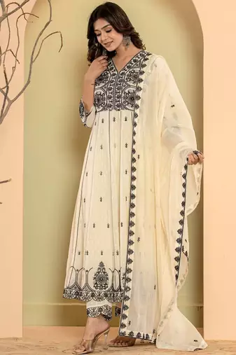 Ethnic Motifs Embroidered Pure Cotton Anarkali Kurta & Trousers With Dupatta