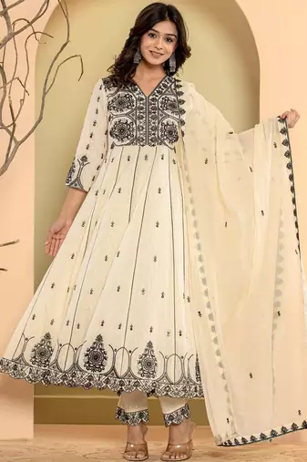 Ethnic Motifs Embroidered Pure Cotton Anarkali Kurta & Trousers With Dupatta