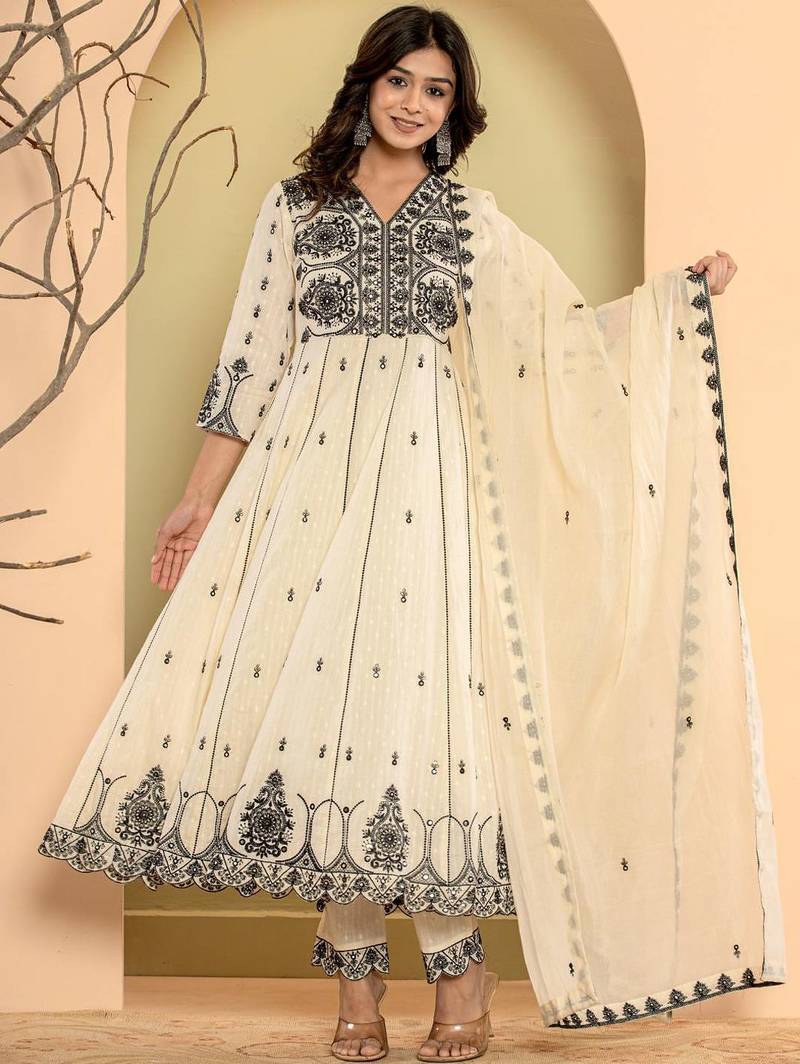 Ethnic Motifs Embroidered Pure Cotton Anarkali Kurta & Trousers With Dupatta