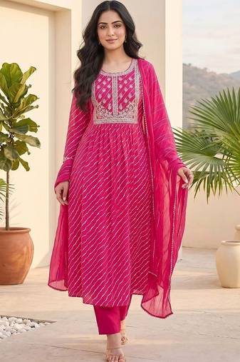 Women Printed Regular Thread Work Kurta with Trousers & With Dupatta