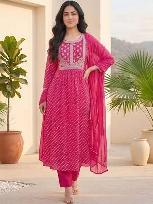 Women Printed Regular Thread Work Kurta with Trousers & With Dupatta 5