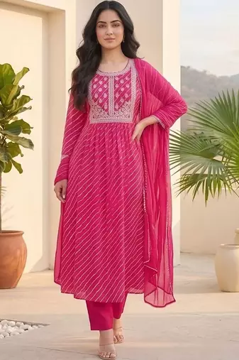 Women Printed Regular Thread Work Kurta with Trousers & With Dupatta