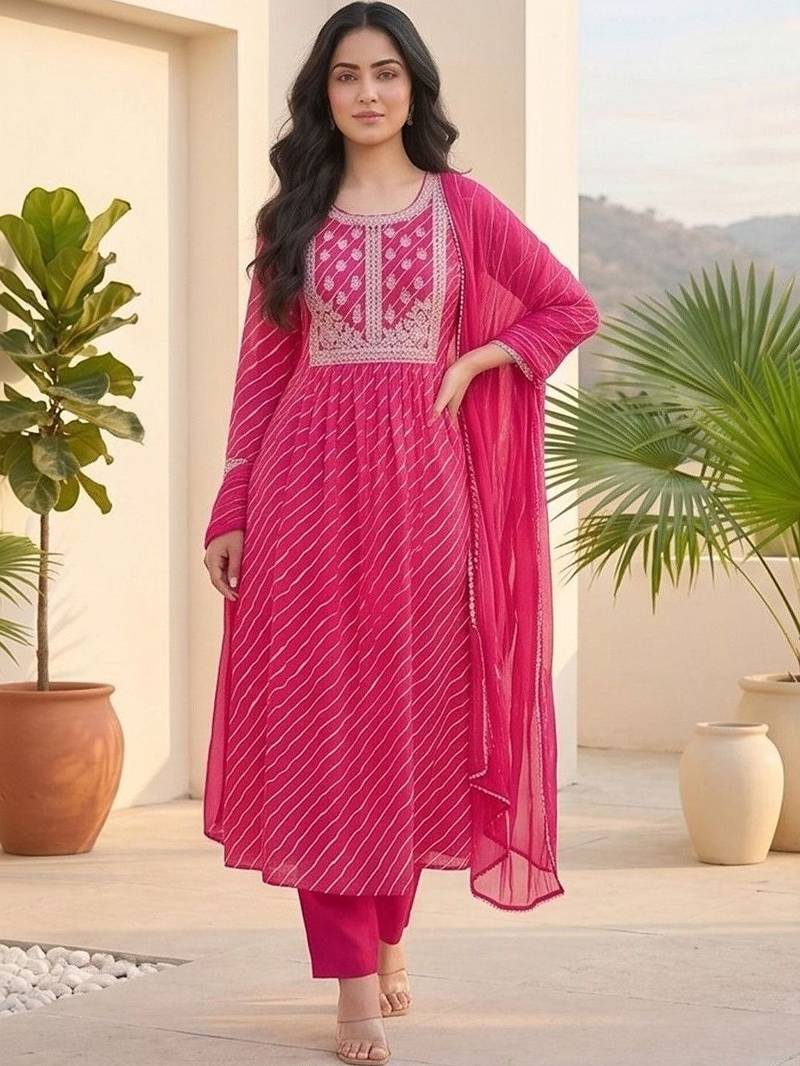 Women Printed Regular Thread Work Kurta with Trousers & With Dupatta