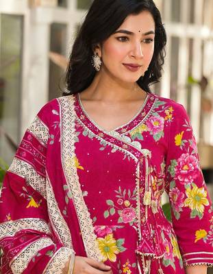 Floral Printed Gotta Patti Pure Cotton Angrakha Kurta With Trousers & Dupatta 2