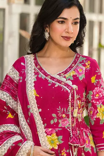 Floral Printed Gotta Patti Pure Cotton Angrakha Kurta With Trousers & Dupatta