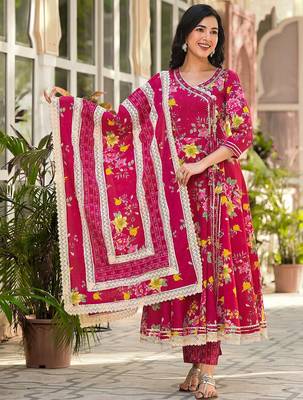 Floral Printed Gotta Patti Pure Cotton Angrakha Kurta With Trousers & Dupatta 1