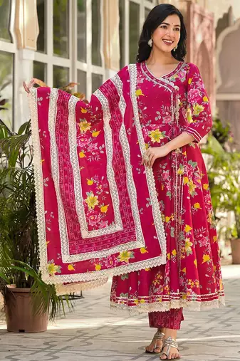 Floral Printed Gotta Patti Pure Cotton Angrakha Kurta With Trousers & Dupatta