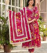Floral Printed Gotta Patti Pure Cotton Angrakha Kurta With Trousers & Dupatta
