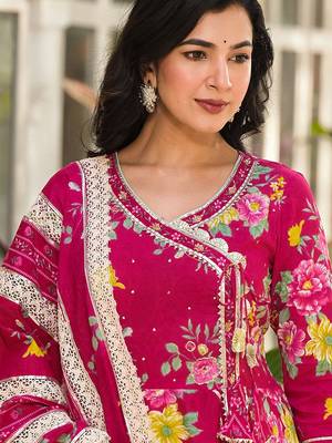 Floral Printed Gotta Patti Pure Cotton Angrakha Kurta With Trousers & Dupatta 3