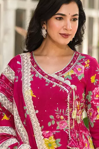 Floral Printed Gotta Patti Pure Cotton Angrakha Kurta With Trousers & Dupatta