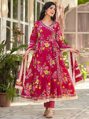 Floral Printed Gotta Patti Pure Cotton Angrakha Kurta With Trousers & Dupatta 4